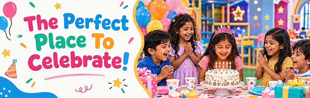 Children celebrating a birthday party with cake and balloons at a kids indoor play area